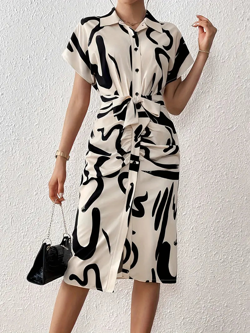 Abstract Print Button-Front Lapel Dress