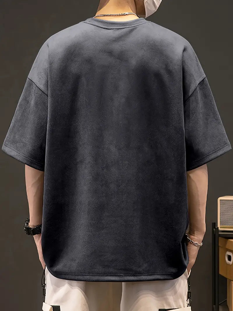 Men's Loose Solid Suedette Crew Neck T-shirt