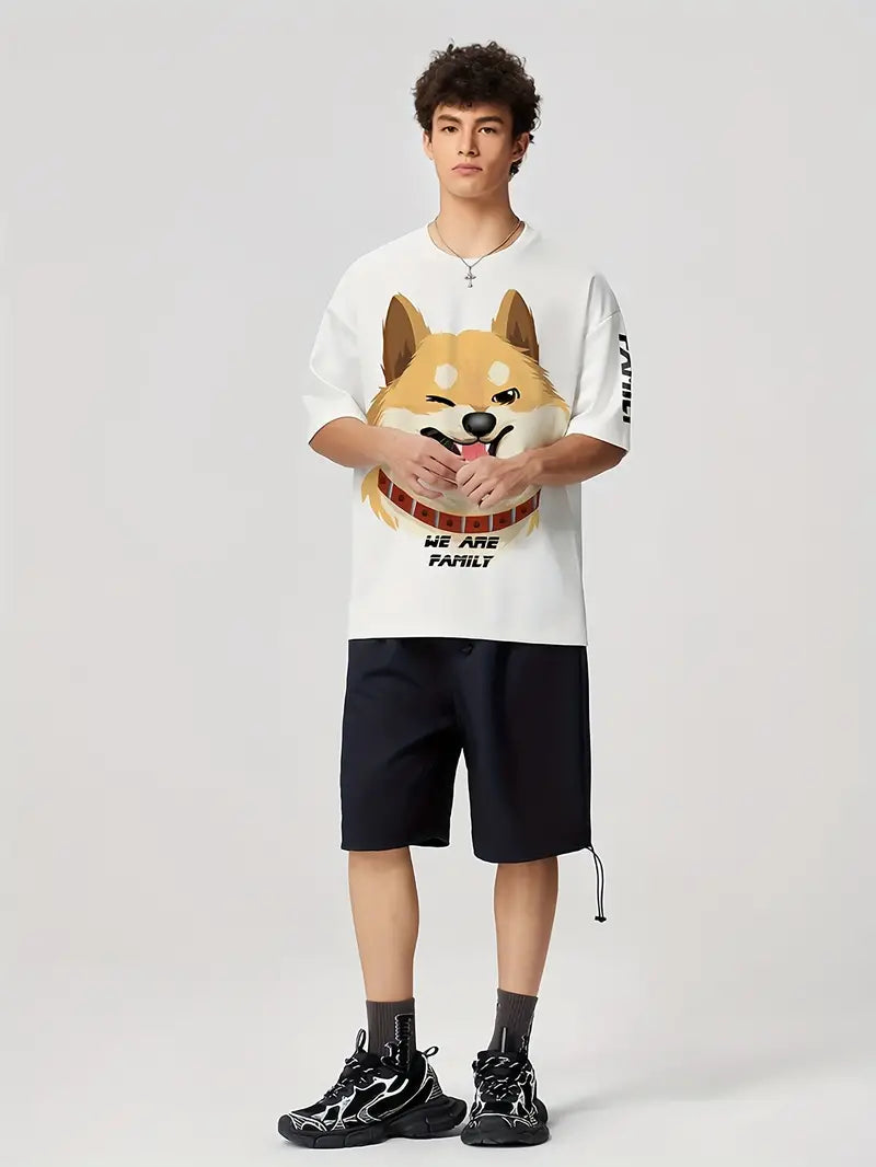 Men's Outfit, Dog Graphic Print Casual Crew Neck Short Sleeve T-Shirt & Shorts 2-piece Set