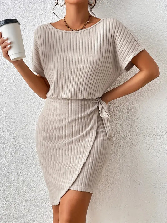 Elegant Solid Crew Neck Wrap Dress - Perfect for Spring & Summer