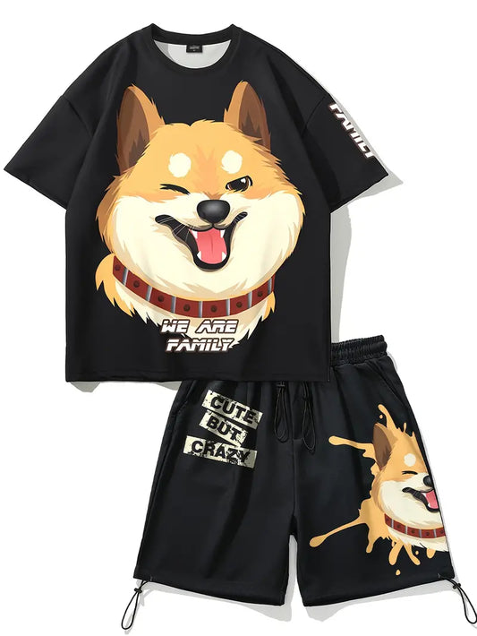 Men's Outfit, Dog Graphic Print Casual Crew Neck Short Sleeve T-Shirt & Shorts 2-piece Set