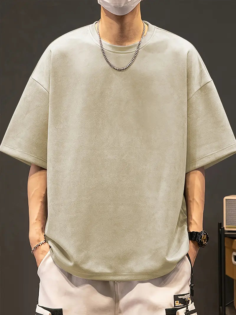 Men's Loose Solid Suedette Crew Neck T-shirt