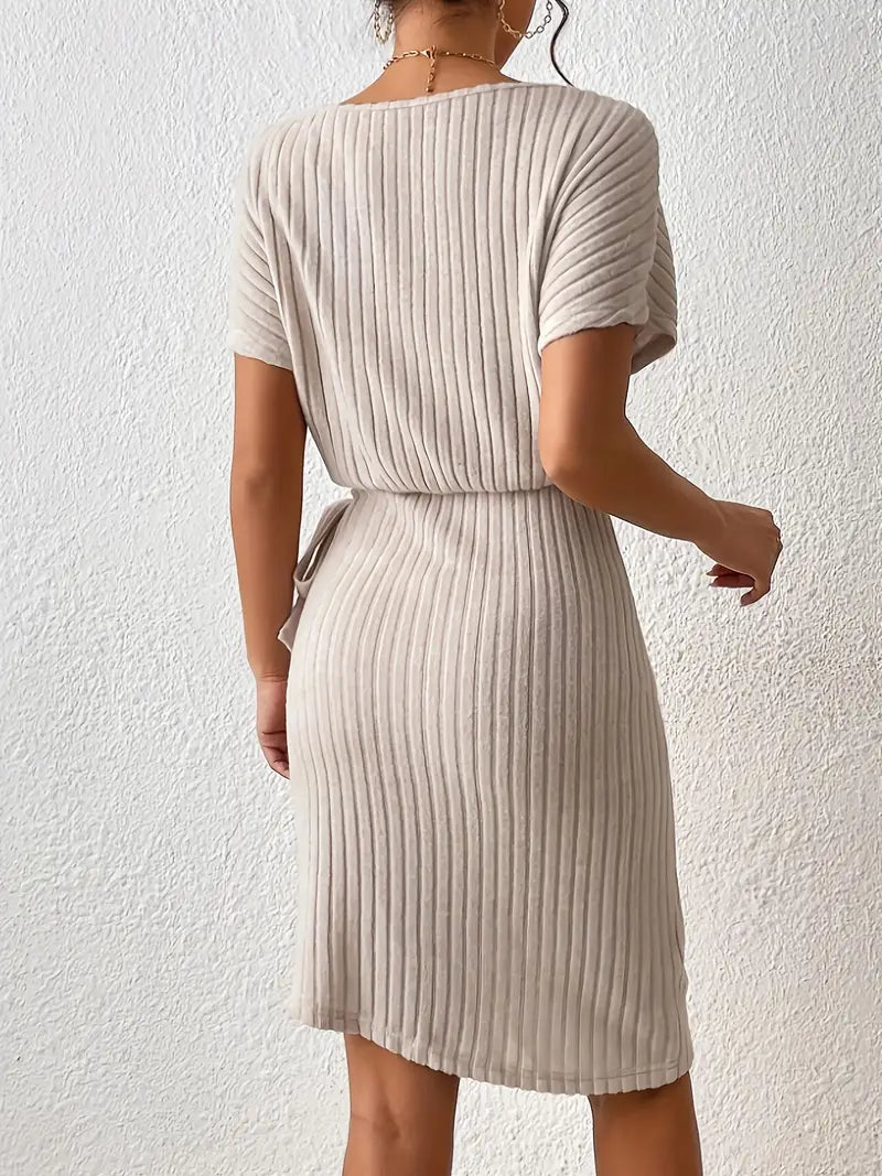 Elegant Solid Crew Neck Wrap Dress - Perfect for Spring & Summer