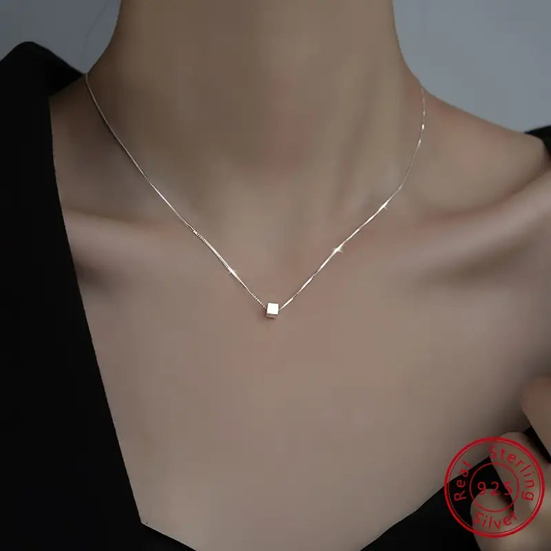 Silver Small Square Pendant Necklace, Exquisite Clavicle Chain Neck Jewelry For Women