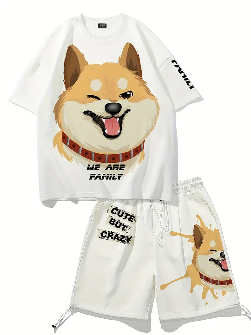 Men's Outfit, Dog Graphic Print Casual Crew Neck Short Sleeve T-Shirt & Shorts 2-piece Set