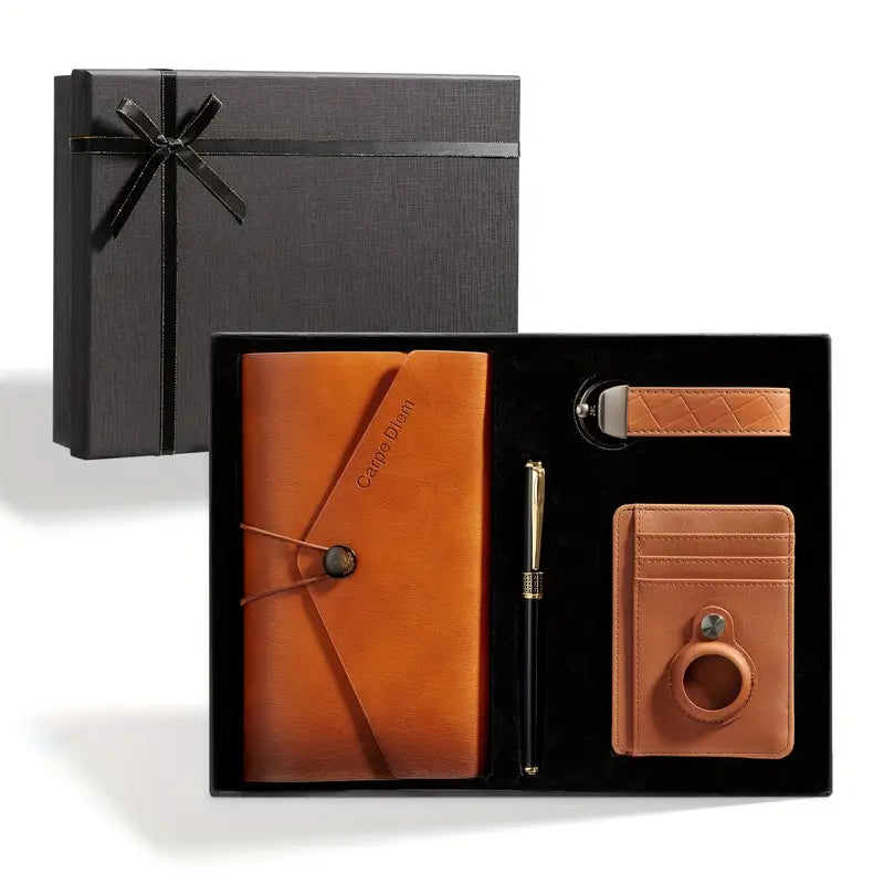 FOR Men with AirTag Wallet, Travel Notebook, Pen, and Keychain - Metal and Faux Leather Accessories