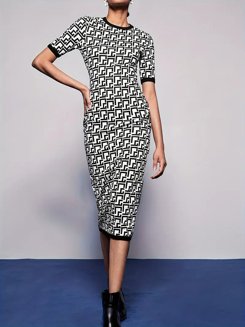 Elegant Geo Print Bodycon Dress with Contrast Trim